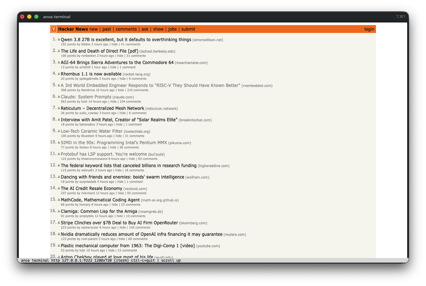 Hacker News rendered inside a terminal window by anoa terminal, with a status bar reading: anoa terminal http 127.0.0.1:9222 1280x720 [iterm] ctrl-c=quit, scroll up