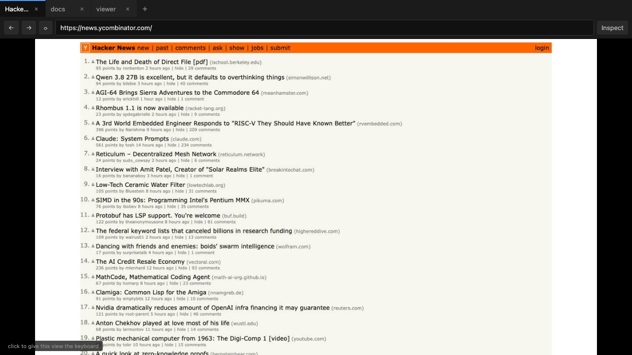 The anoa live view: a tab bar, a URL bar, an Inspect button, and a streamed web page